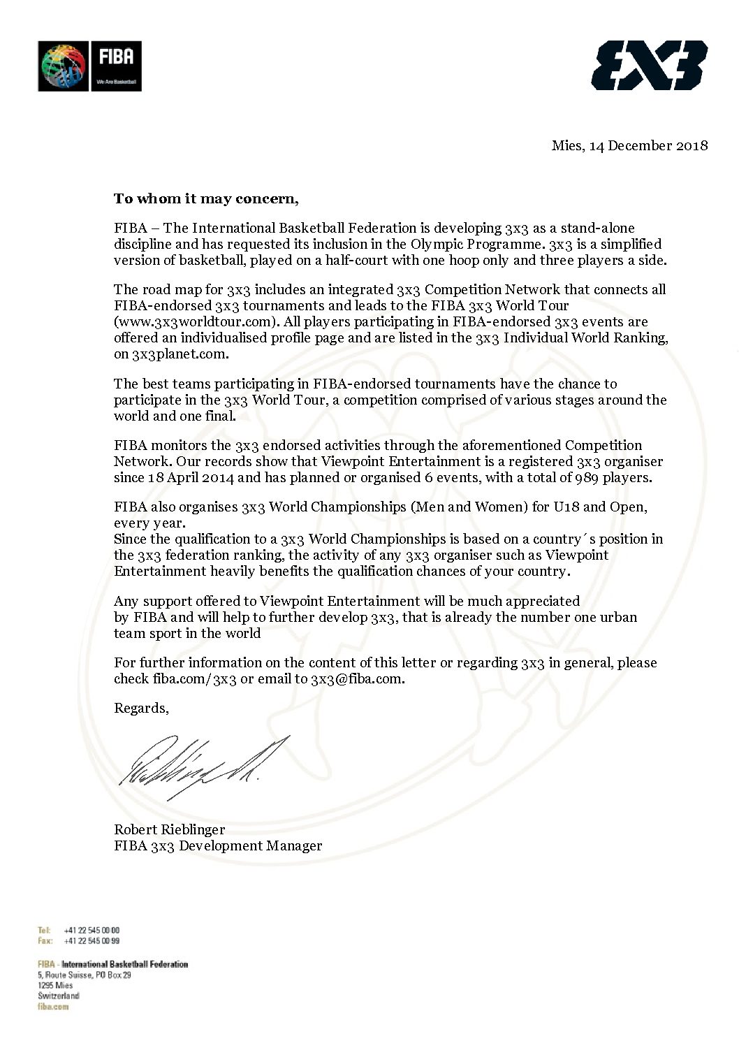 FIBA Support Letter